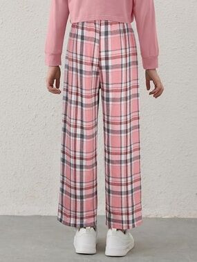 Girls Pink Plaid Wide Leg Woven Pants Elastic Waist Breathable Size 13-14 Years